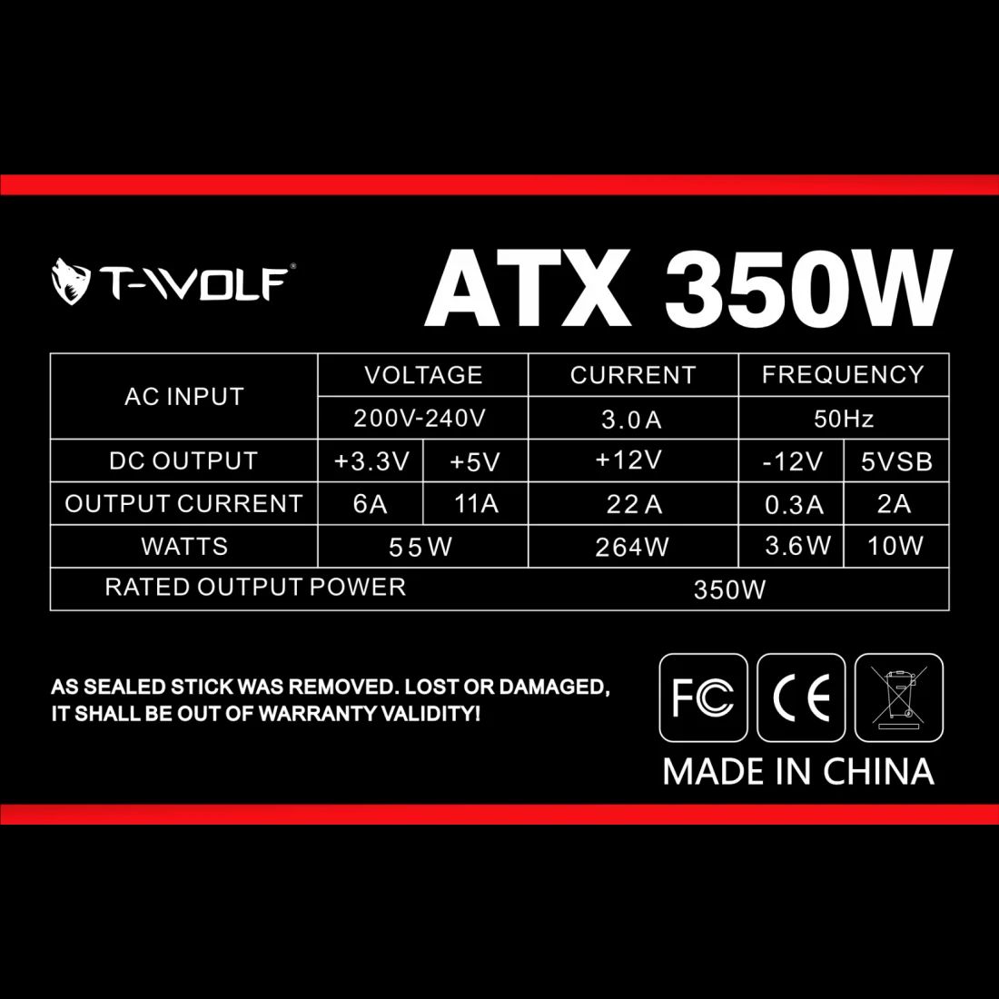 T-wolf ATX 350W Power Supply with power cable