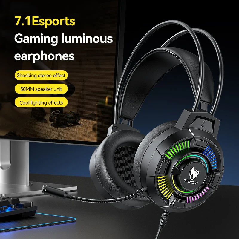 T-WOLF H140 Headphone & Earphone Wired Gaming Glowing on Ear Headphone 7.1 USB Headphone Lighting Headset for Desktop