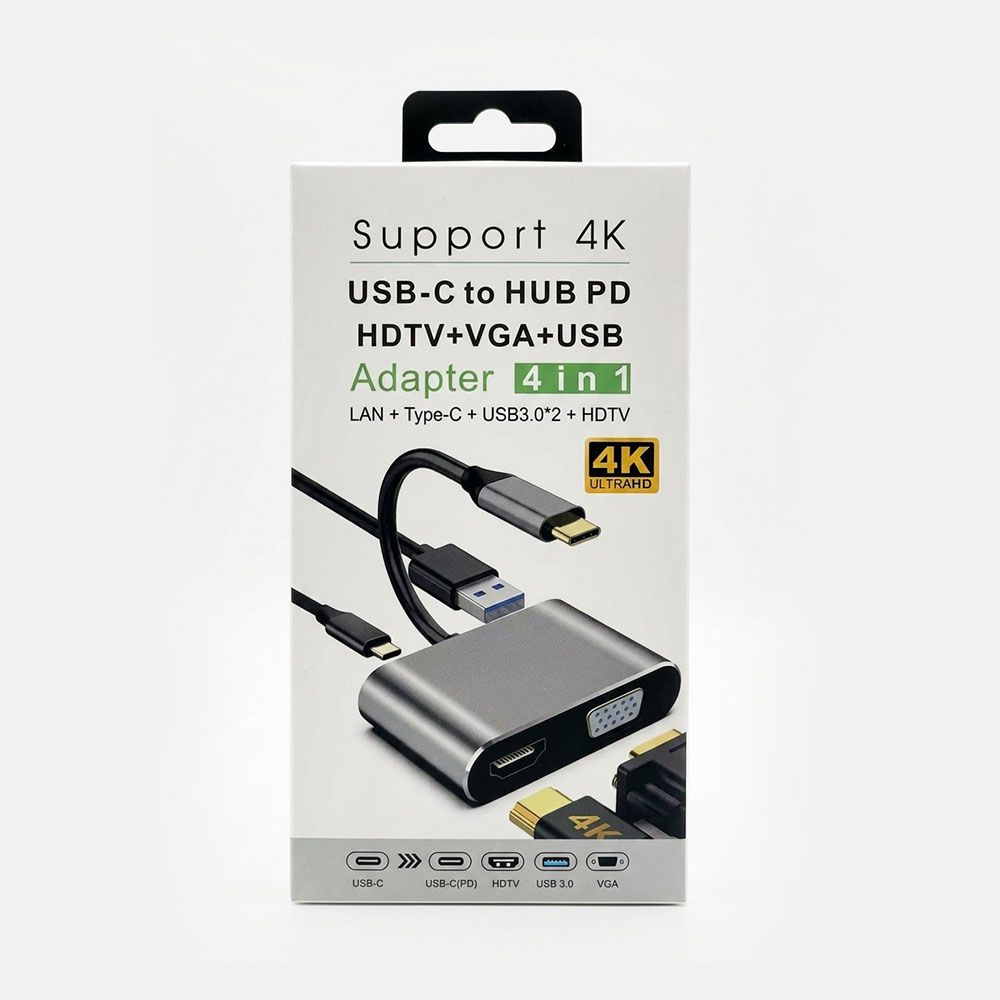 4-in-1 USB-C to HDTV + VGA + USB 3.0 Adapter Hub (4K UHD & PD Charging)